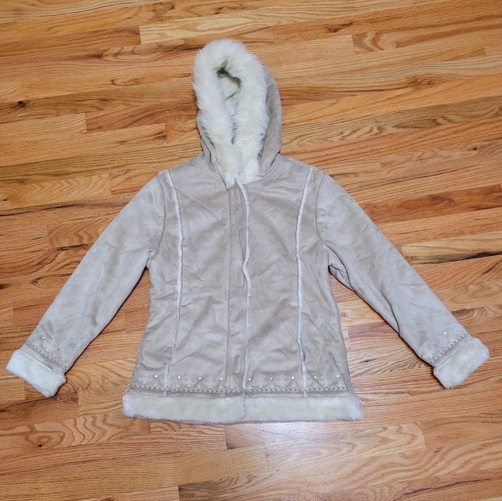 Big Chill Kids Faux Suede Sherpa Lined Winter Jacket (Tan/Beige)- L 14/16- Cozy